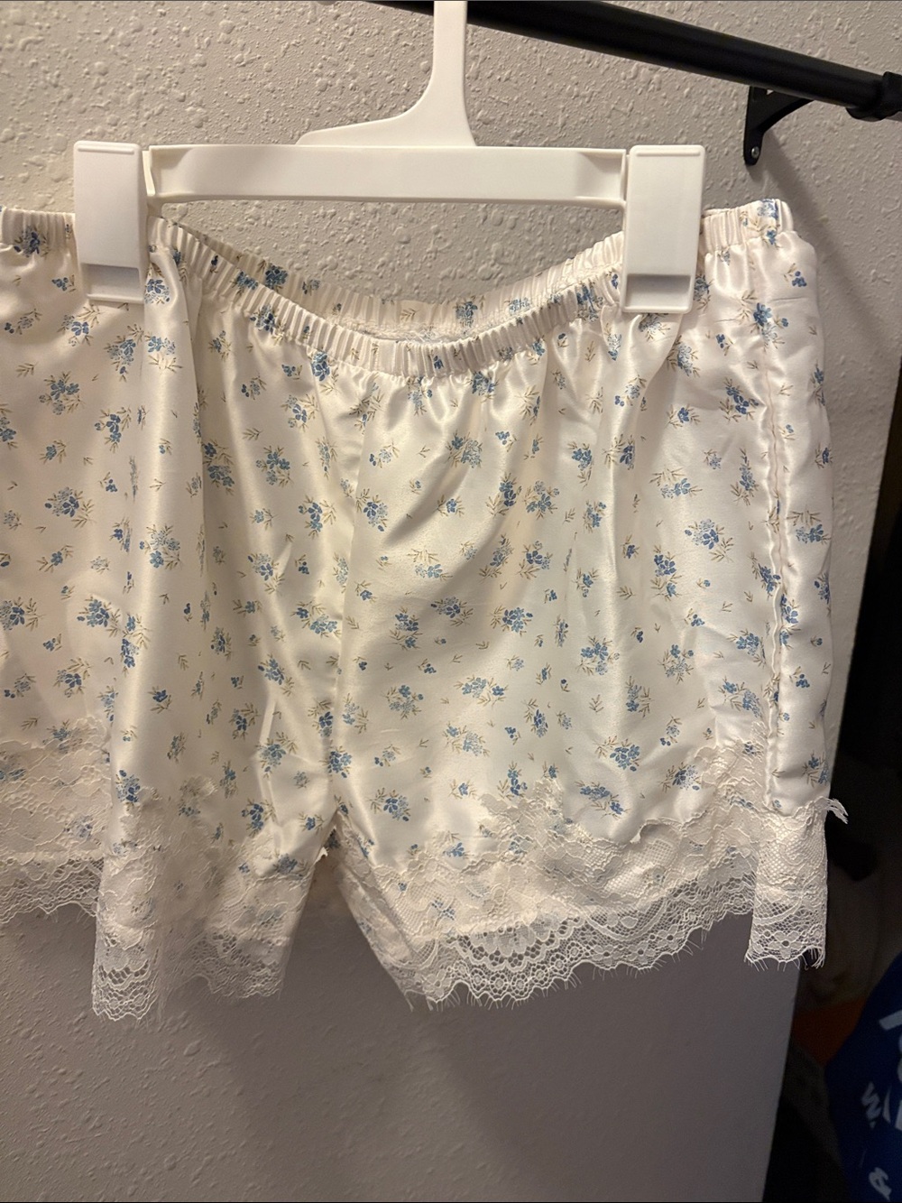Zoe + Liv Cream Satin Sleep Shorts with Blue Floral Lace Trim